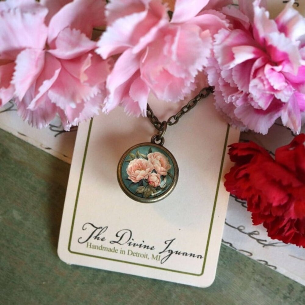 Pink Peony Pendant‎ Necklace - Indiana State Flower - Floral Vintage Jewelry - Picture 5 of 5